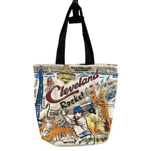 Cleveland Rocks Graphic Canvas Tote Bag Souvenir Travel Cream Large City Scape